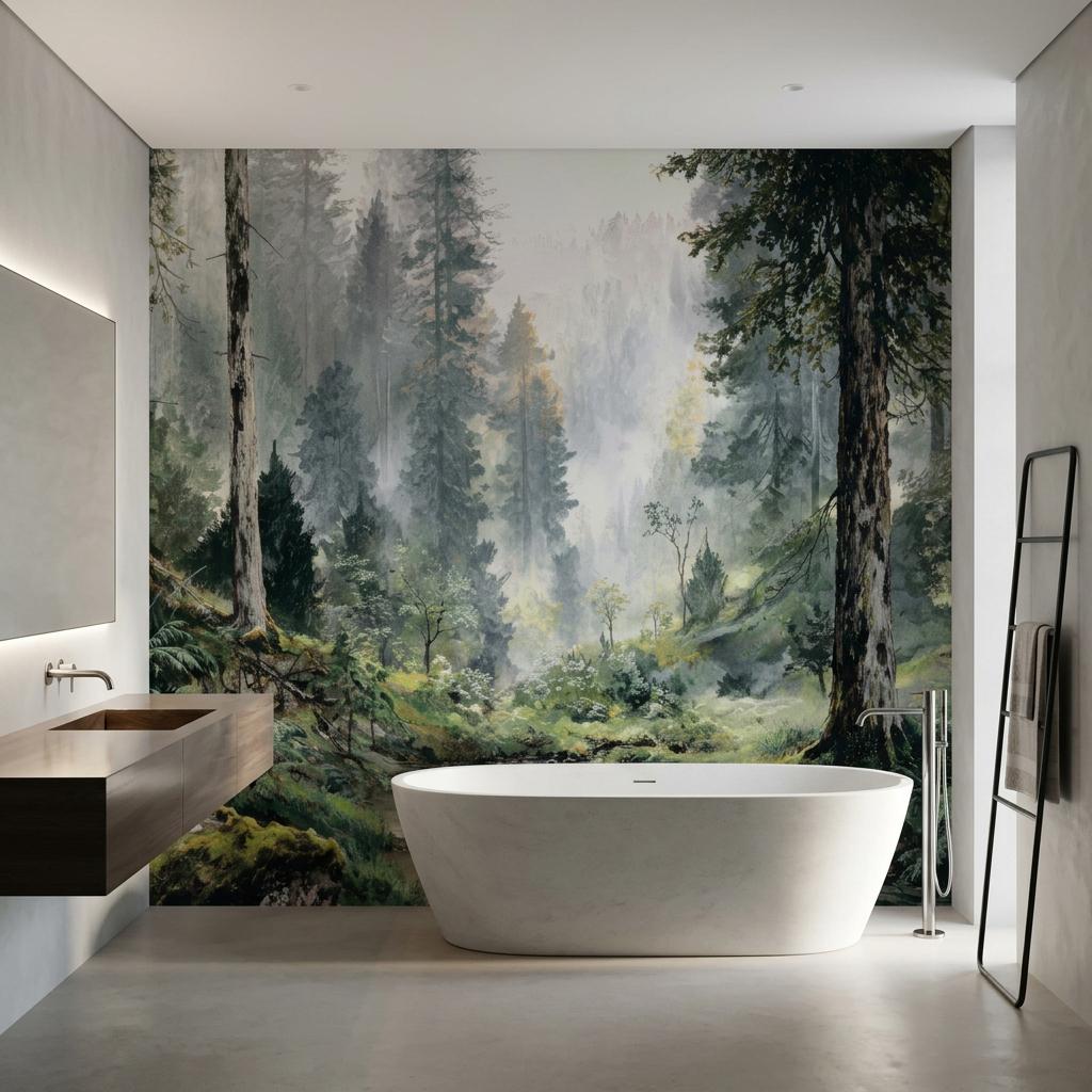 Misty Green Vintage Pine Forest Wallpaper, Moody Woodland Mural for Victorian Decor-WP0192