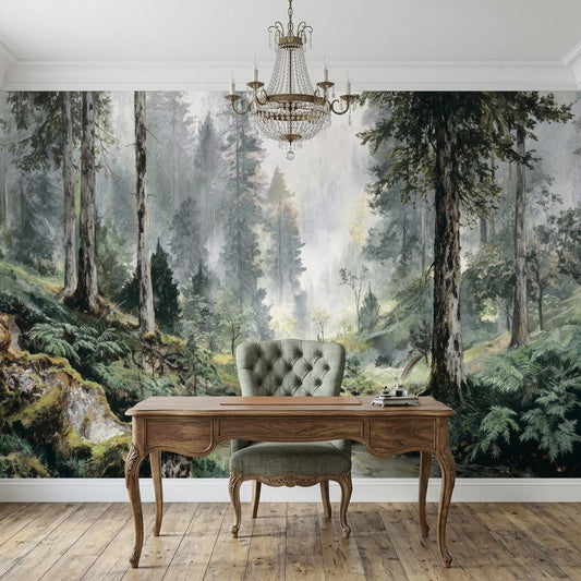 Misty Green Vintage Pine Forest Wallpaper, Moody Woodland Mural for Victorian Decor-WP0192