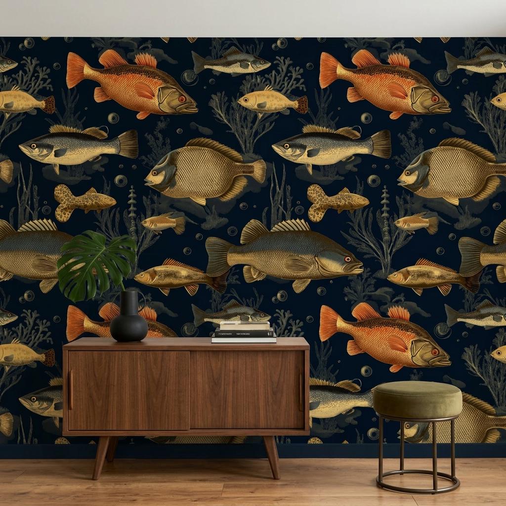 Vintage Fish Wallpaper Mural, Nautical Nursery Decor, Aquatic Wall Art-WP0214