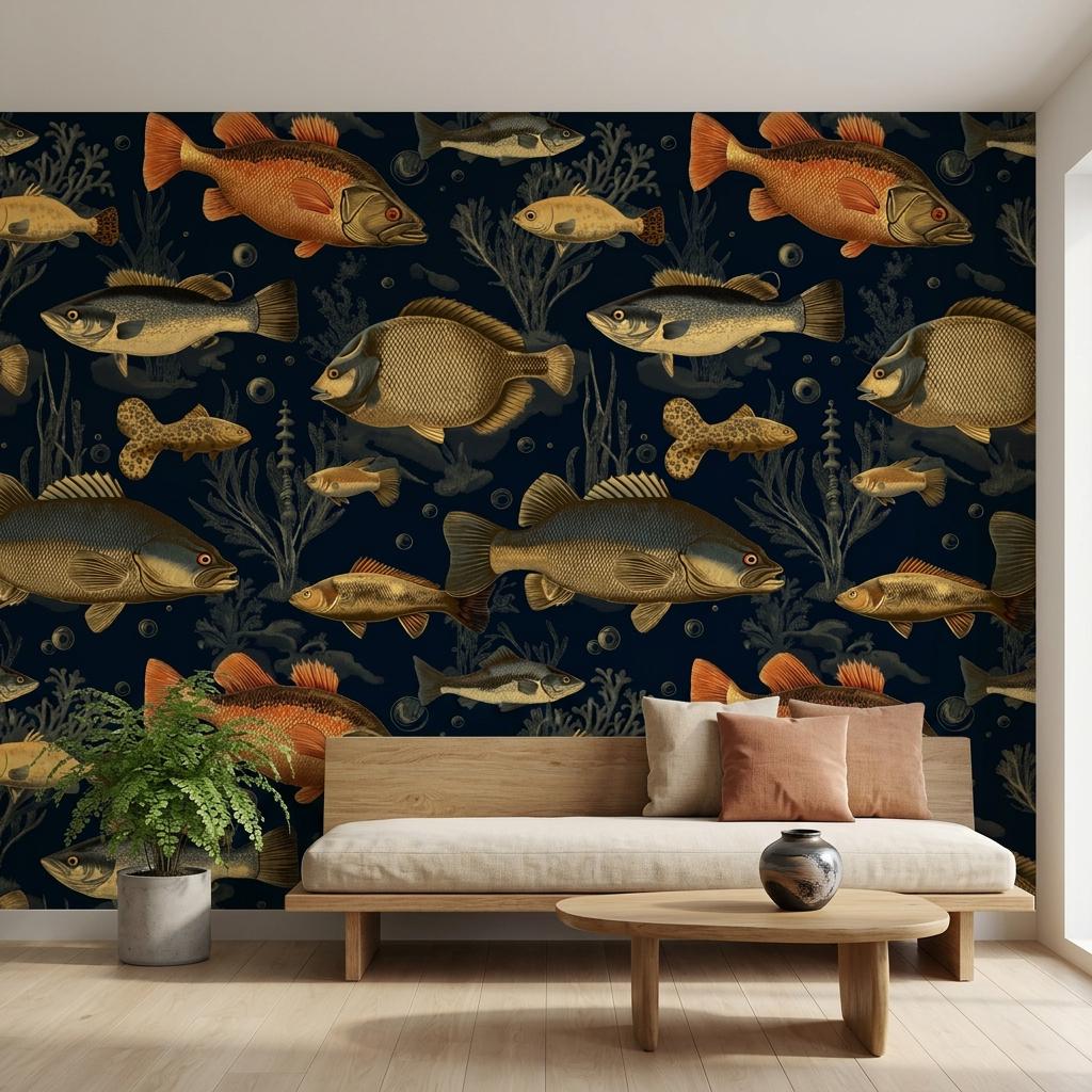 Vintage Fish Wallpaper Mural, Nautical Nursery Decor, Aquatic Wall Art-WP0214