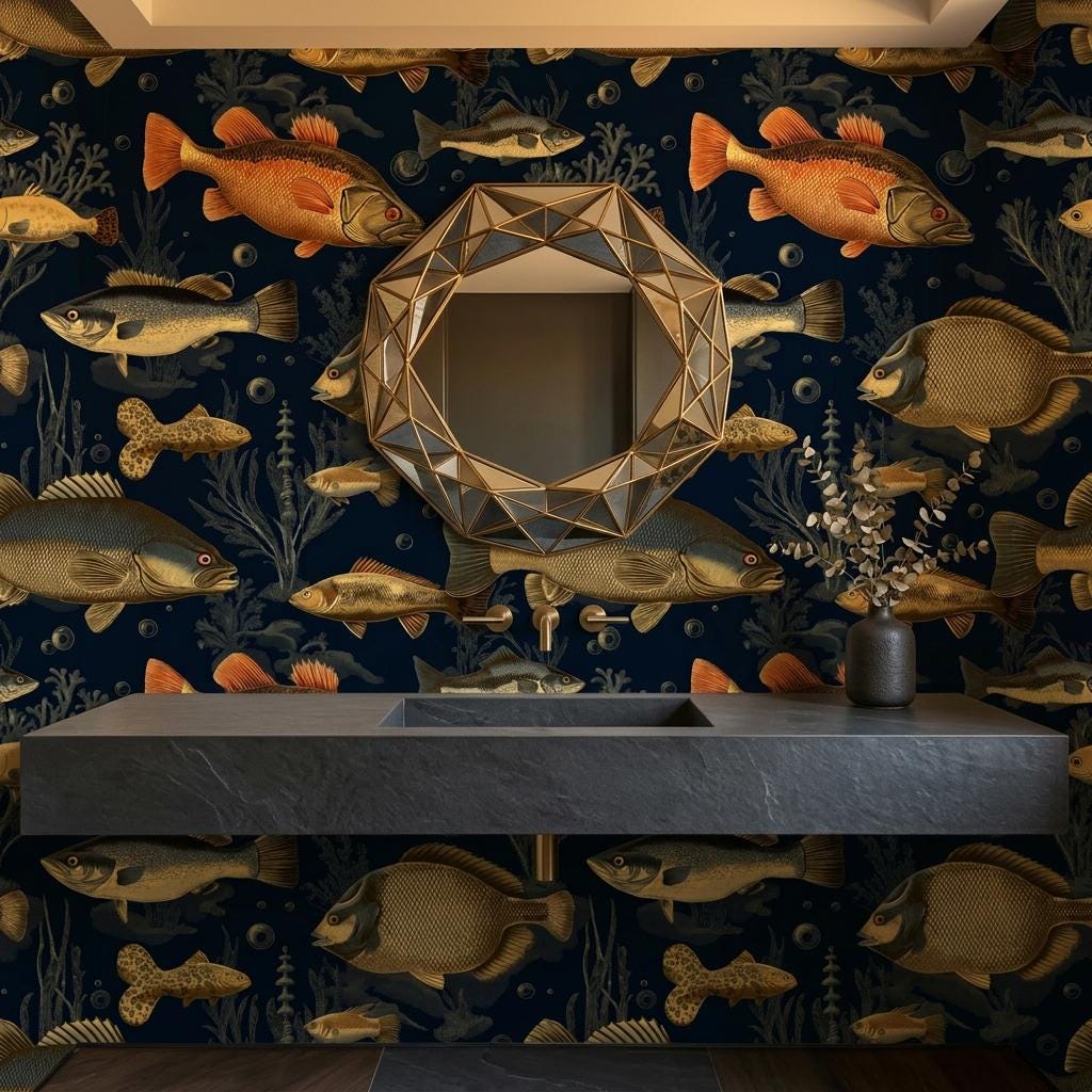 Vintage Fish Wallpaper Mural, Nautical Nursery Decor, Aquatic Wall Art-WP0214