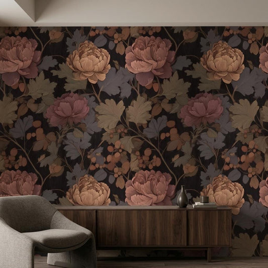 Dark Floral Wallpaper, Moody Botanical Statement Wall, Victorian Decor-WP0215