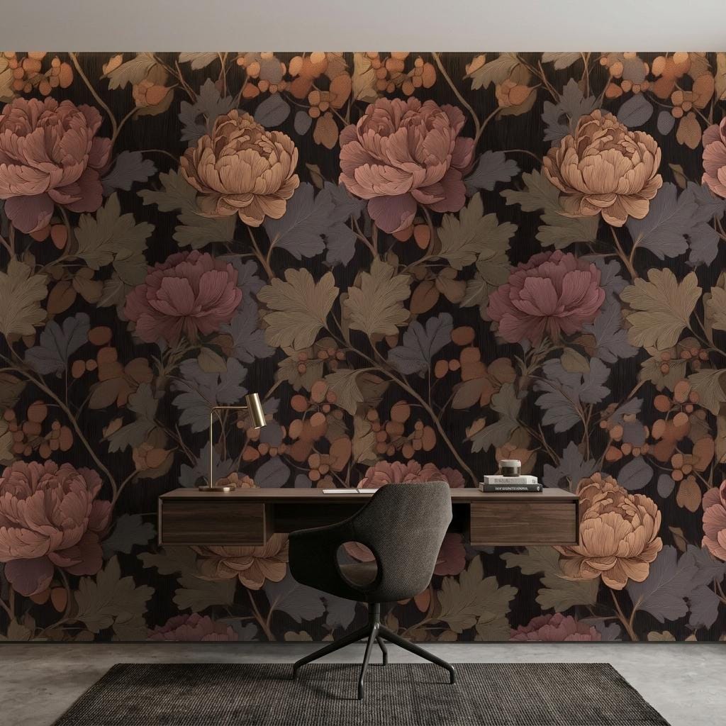 Dark Floral Wallpaper, Moody Botanical Statement Wall, Victorian Decor-WP0215