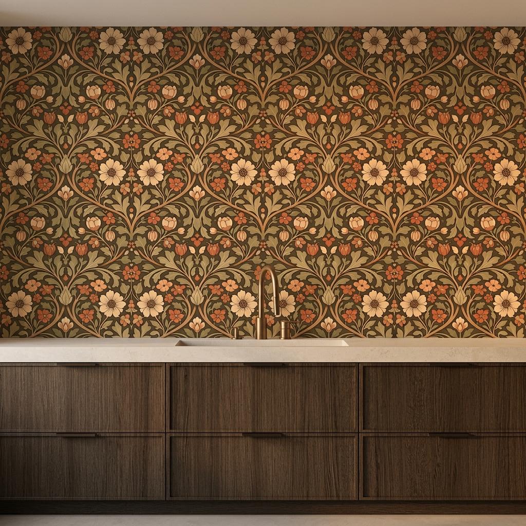 William Morris Floral Wallpaper Terracotta Earthy Botanical Mural, Vintage Arts and Crafts Decor, Retro Victorian Aesthetic Wall Art-WP0193