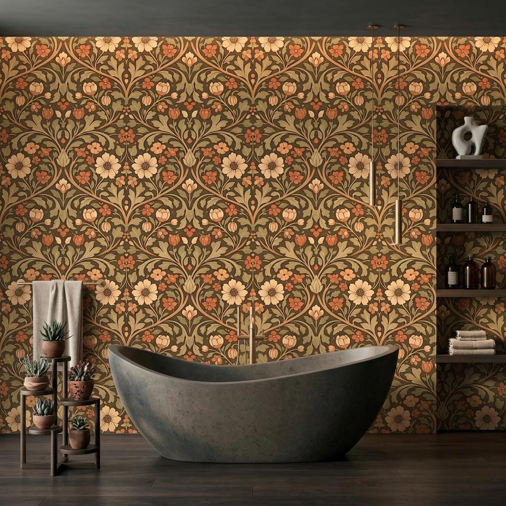 William Morris Floral Wallpaper Terracotta Earthy Botanical Mural, Vintage Arts and Crafts Decor, Retro Victorian Aesthetic Wall Art-WP0193