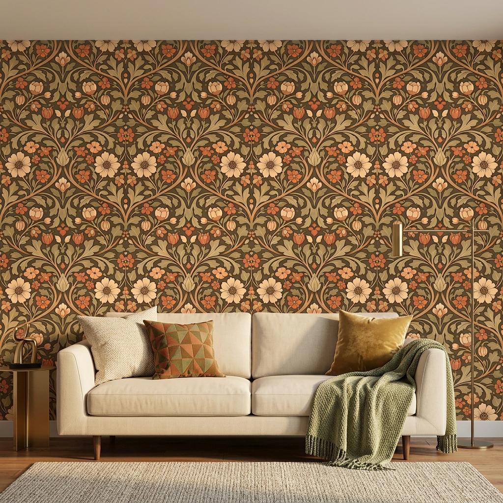 William Morris Floral Wallpaper Terracotta Earthy Botanical Mural, Vintage Arts and Crafts Decor, Retro Victorian Aesthetic Wall Art-WP0193