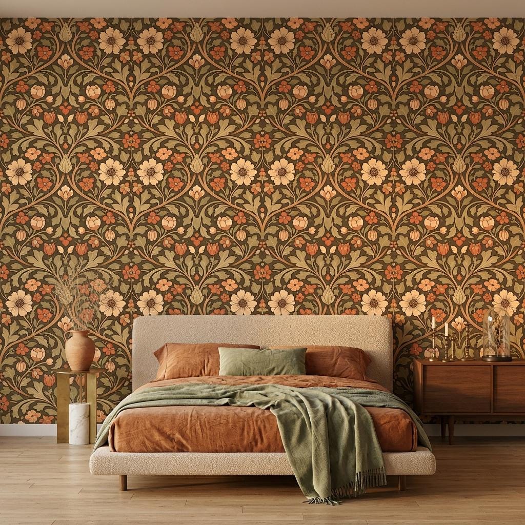 William Morris Floral Wallpaper Terracotta Earthy Botanical Mural, Vintage Arts and Crafts Decor, Retro Victorian Aesthetic Wall Art-WP0193
