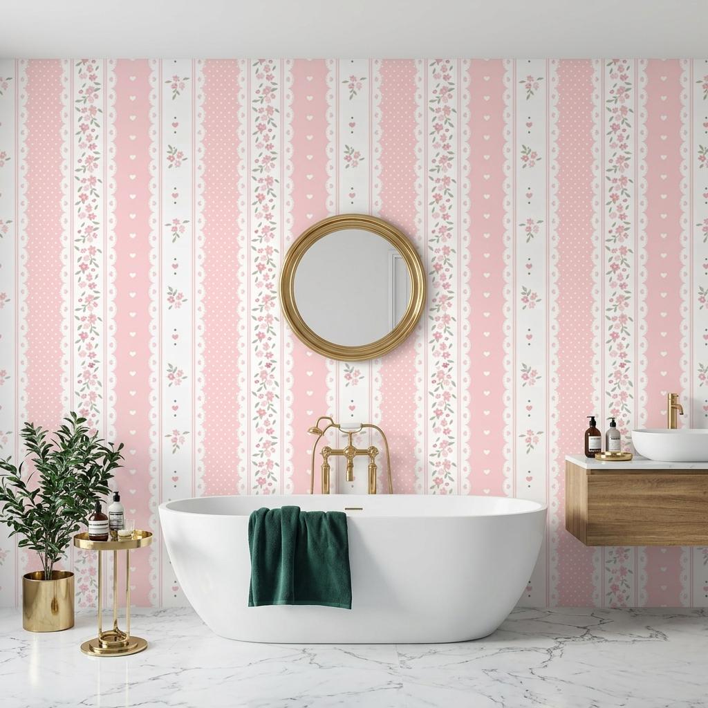 Coquette Floral Lace Wallpaper, Pink Shabby Chic Striped Nursery Mural