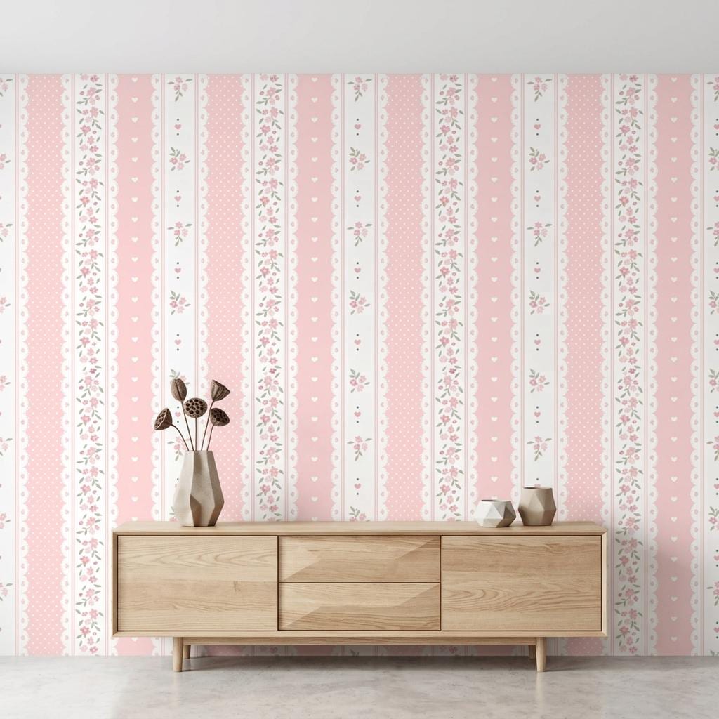 Coquette Floral Lace Wallpaper, Pink Shabby Chic Striped Nursery Mural