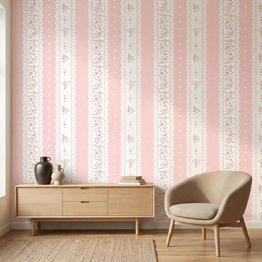 Coquette Floral Lace Wallpaper, Pink Shabby Chic Striped Nursery Mural