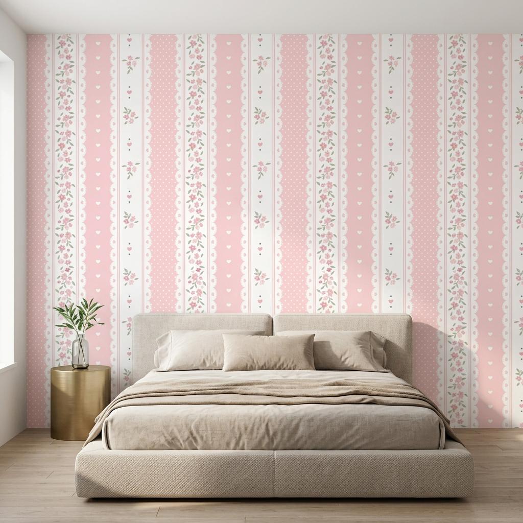 Coquette Floral Lace Wallpaper, Pink Shabby Chic Striped Nursery Mural