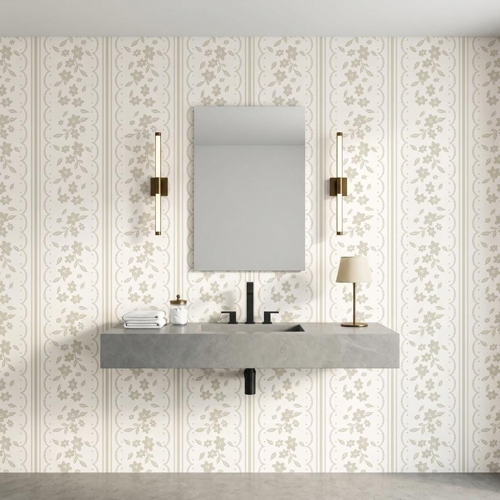 Floral Lace Wallpaper, Sage Green Coquette Striped Wall Mural