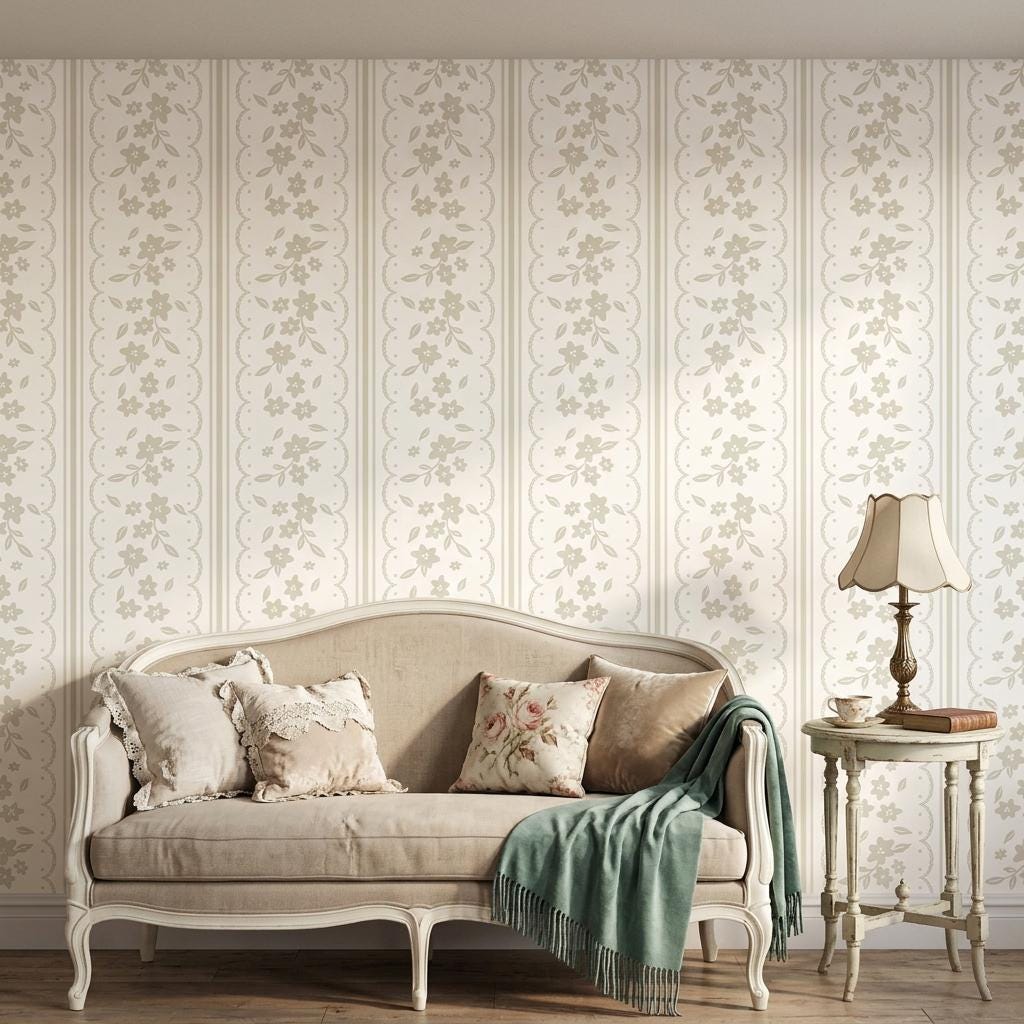 Floral Lace Wallpaper, Sage Green Coquette Striped Wall Mural