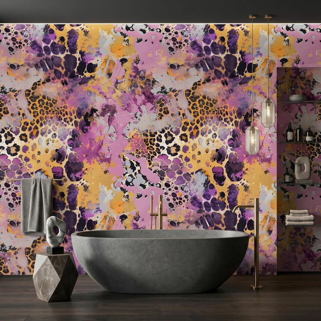 Abstract Leopard Print Watercolor Wallpaper, Maximalist Animal Mural, Bold Eclectic Decor-WP0216