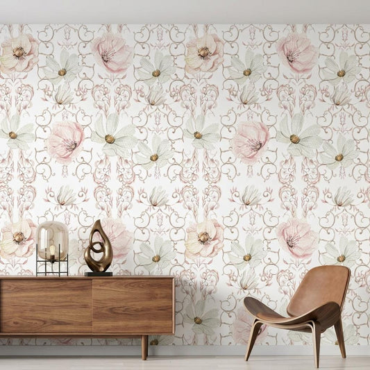 Vintage Floral Watercolor Wallpaper, Romantic Shabby Chic Wall Decor, Pink Bloom Mural-WP0196