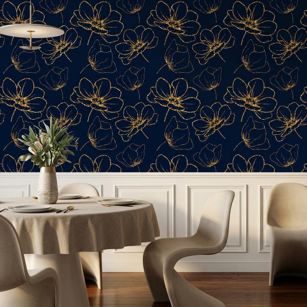 Navy Blue Gold Floral Wallpaper, Art Deco Botanical Peel and Stick
