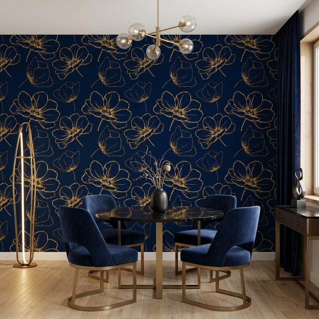 Navy Blue Gold Floral Wallpaper, Art Deco Botanical Peel and Stick