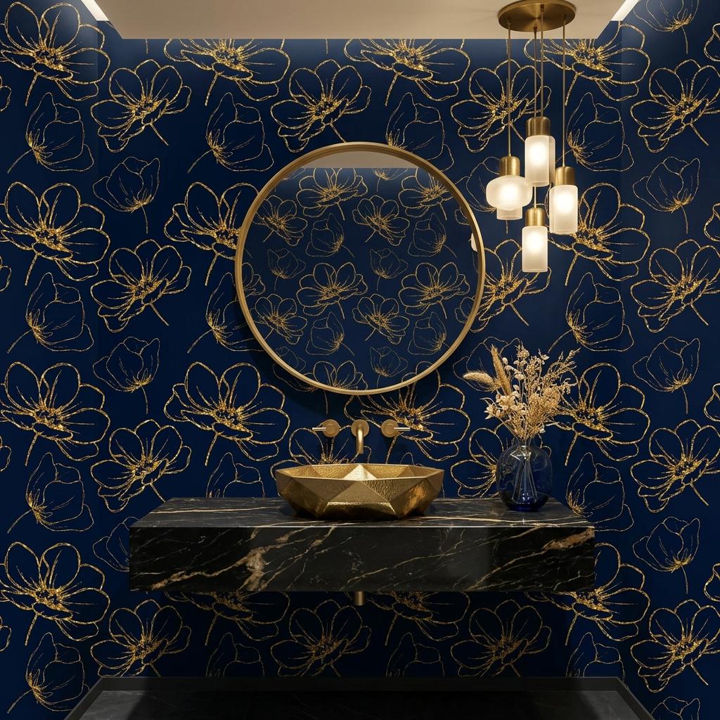 Navy Blue Gold Floral Wallpaper, Art Deco Botanical Peel and Stick