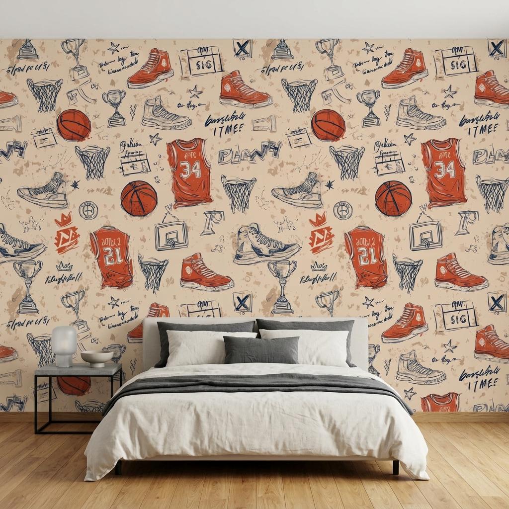 Basketball Wallpaper,Retro Sports Nursery Decor, Athlete Bedroom Wall Mural-WP0217