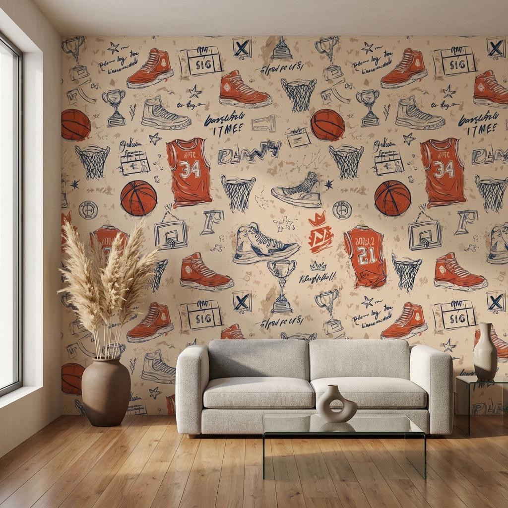 Basketball Wallpaper,Retro Sports Nursery Decor, Athlete Bedroom Wall Mural-WP0217