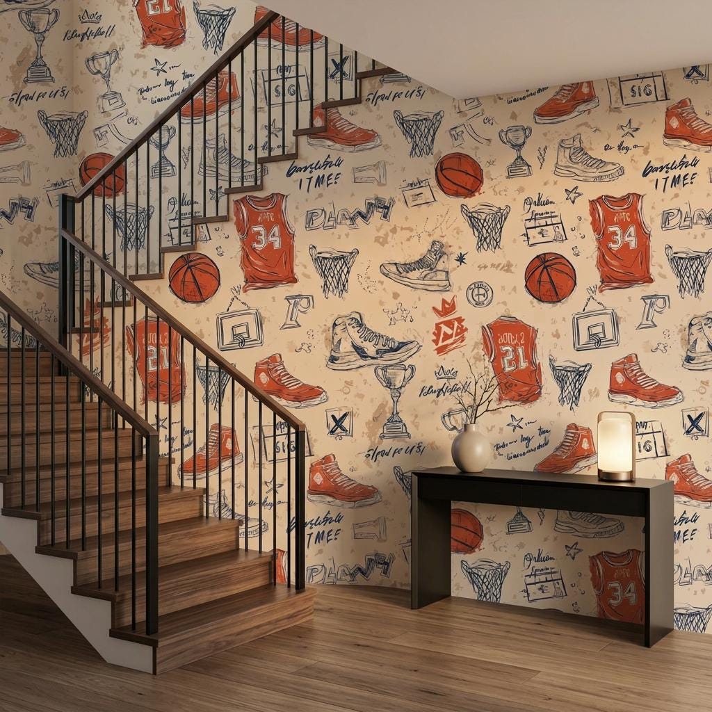 Basketball Wallpaper,Retro Sports Nursery Decor, Athlete Bedroom Wall Mural-WP0217