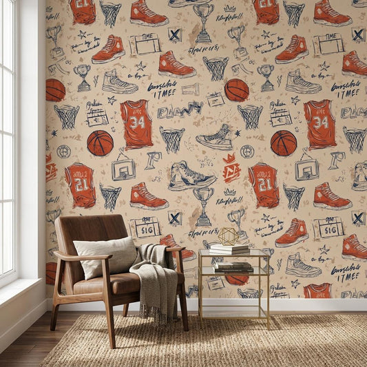 Basketball Wallpaper,Retro Sports Nursery Decor, Athlete Bedroom Wall Mural-WP0217