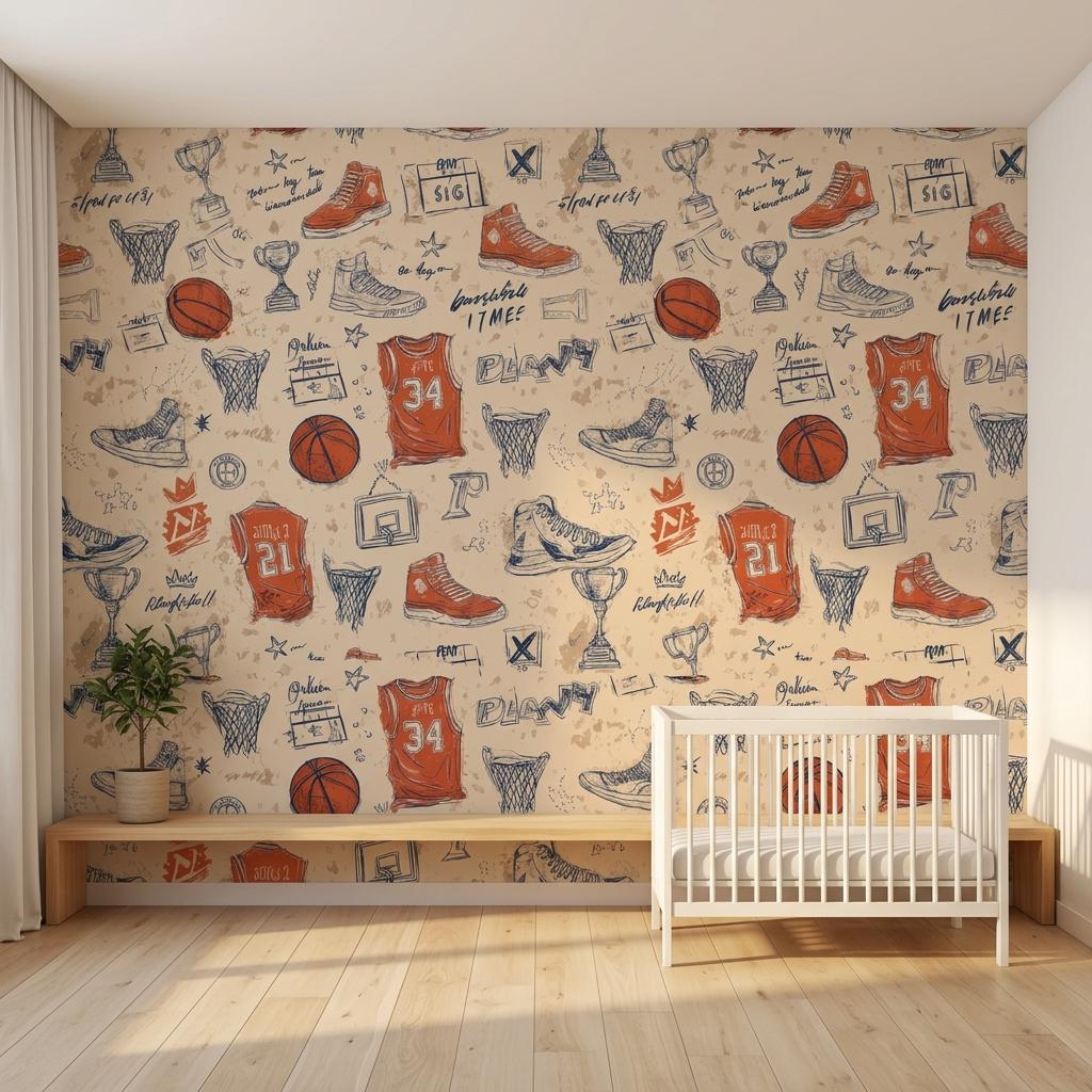 Basketball Wallpaper,Retro Sports Nursery Decor, Athlete Bedroom Wall Mural-WP0217