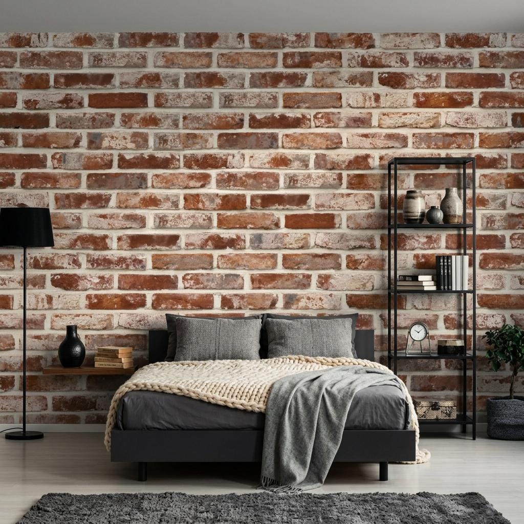 Rustic Industrial Red Brick Wallpaper, Exposed Brick Loft Decor Peel and Stick
