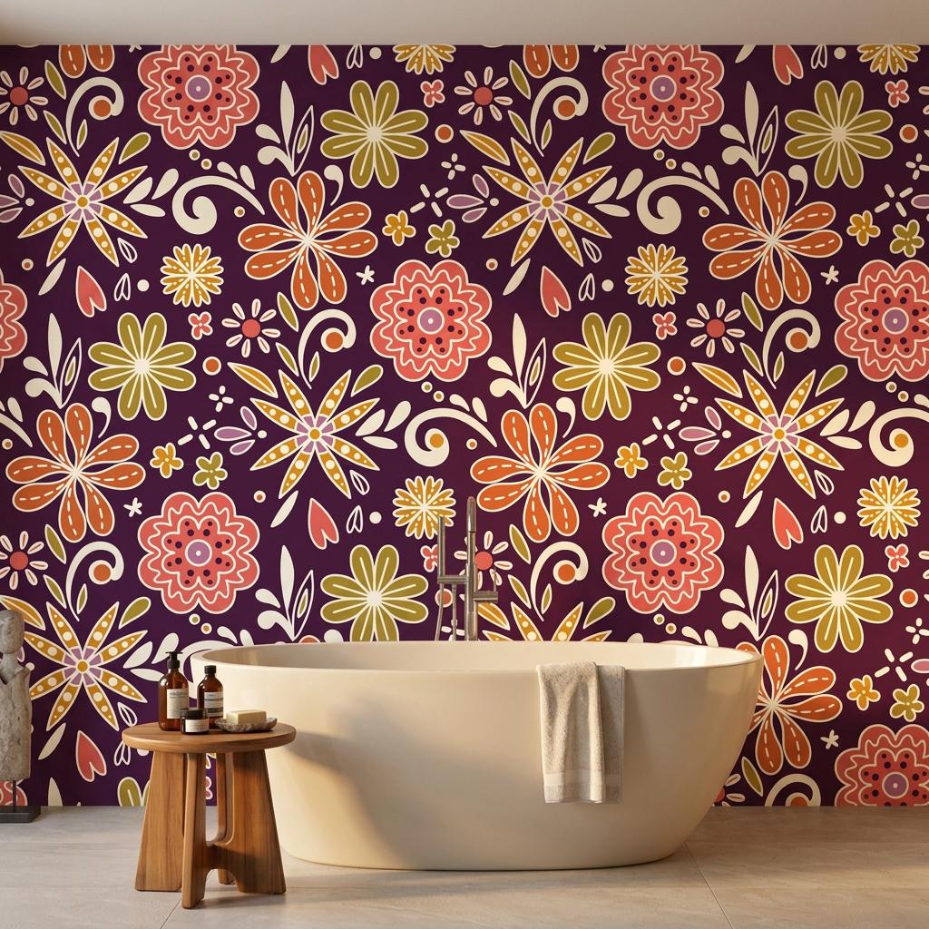 Retro Floral Wallpaper, Deep Plum, 70s Boho Mural, Mid Century Modern Style