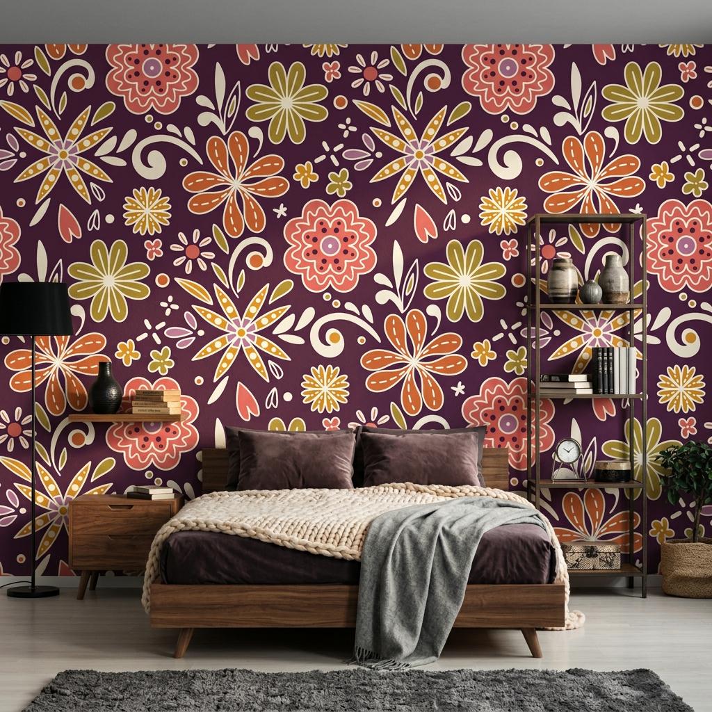Retro Floral Wallpaper, Deep Plum, 70s Boho Mural, Mid Century Modern Style