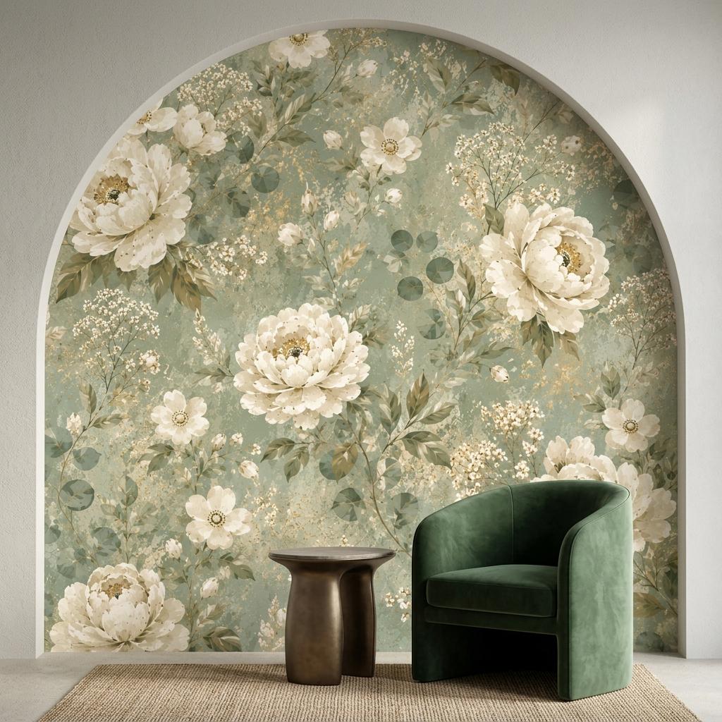 Sage Green Vintage Floral Wallpaper, Cream Peonies, Botanical Wall Decor Peel and Stick
