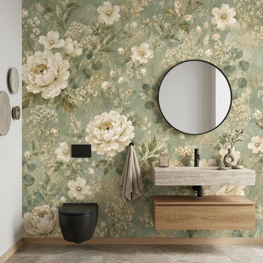 Sage Green Vintage Floral Wallpaper, Cream Peonies, Botanical Wall Decor Peel and Stick