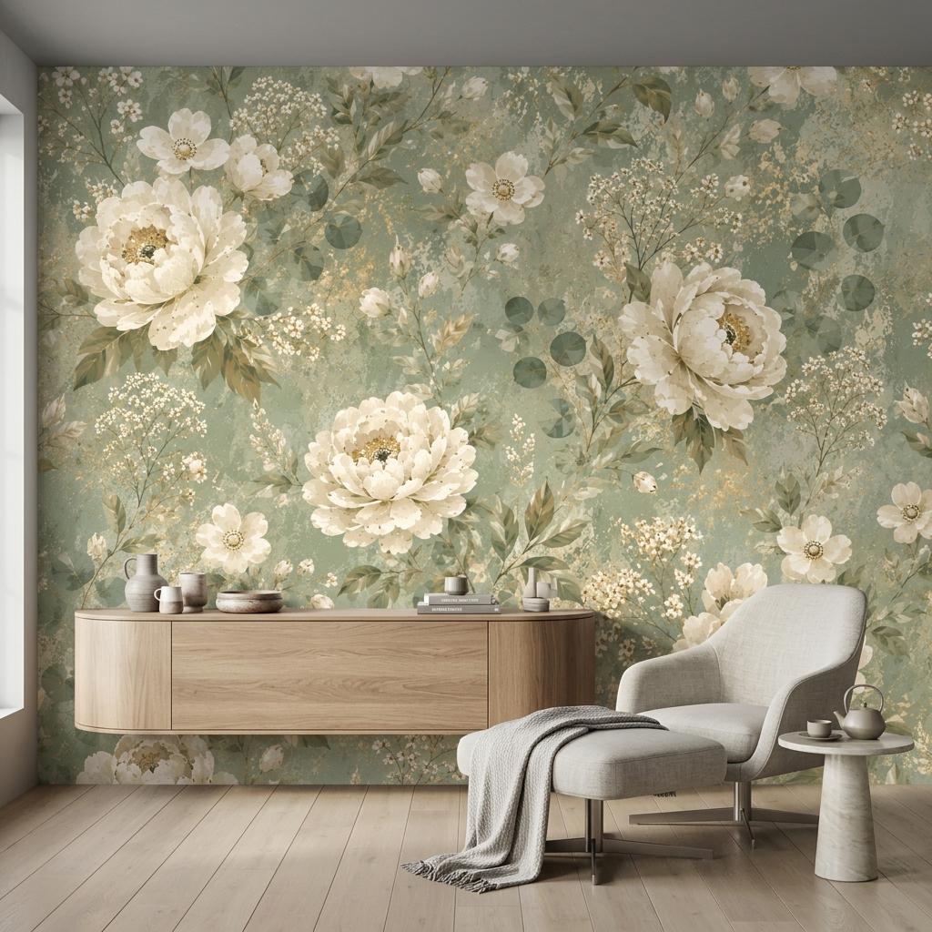 Sage Green Vintage Floral Wallpaper, Cream Peonies, Botanical Wall Decor Peel and Stick