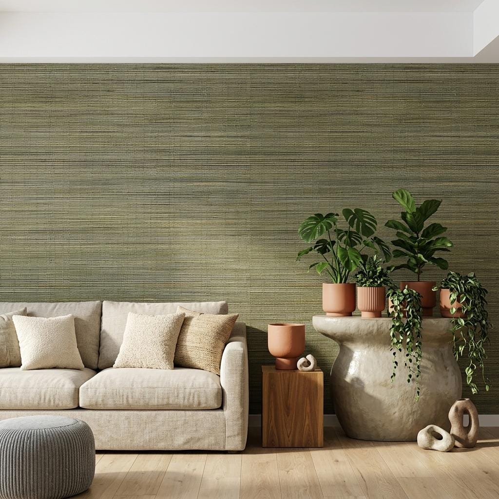 Sage Green Grasscloth Wallpaper, Faux Woven Fabric Mural, Earthy Boho Decor -WP0219