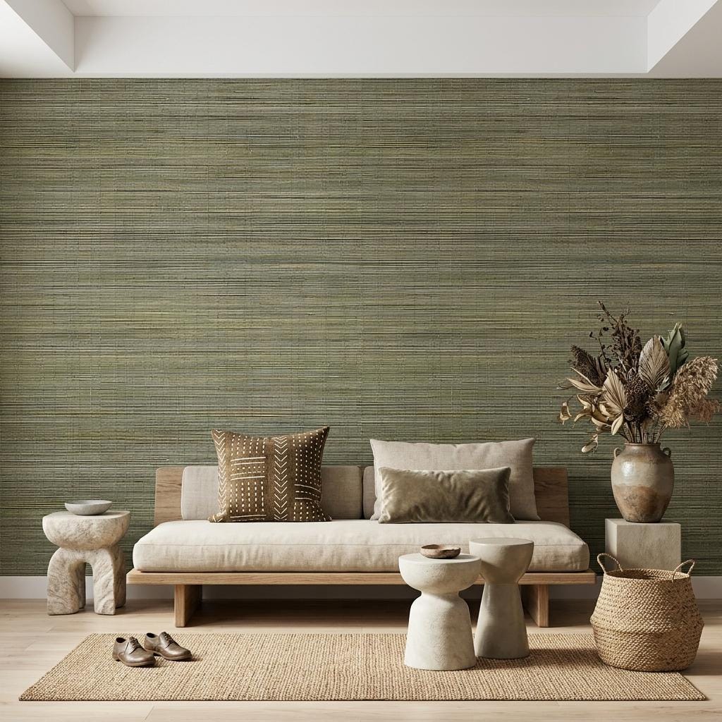 Sage Green Grasscloth Wallpaper, Faux Woven Fabric Mural, Earthy Boho Decor -WP0219