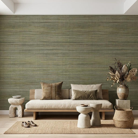 Sage Green Grasscloth Wallpaper, Faux Woven Fabric Mural, Earthy Boho Decor -WP0219