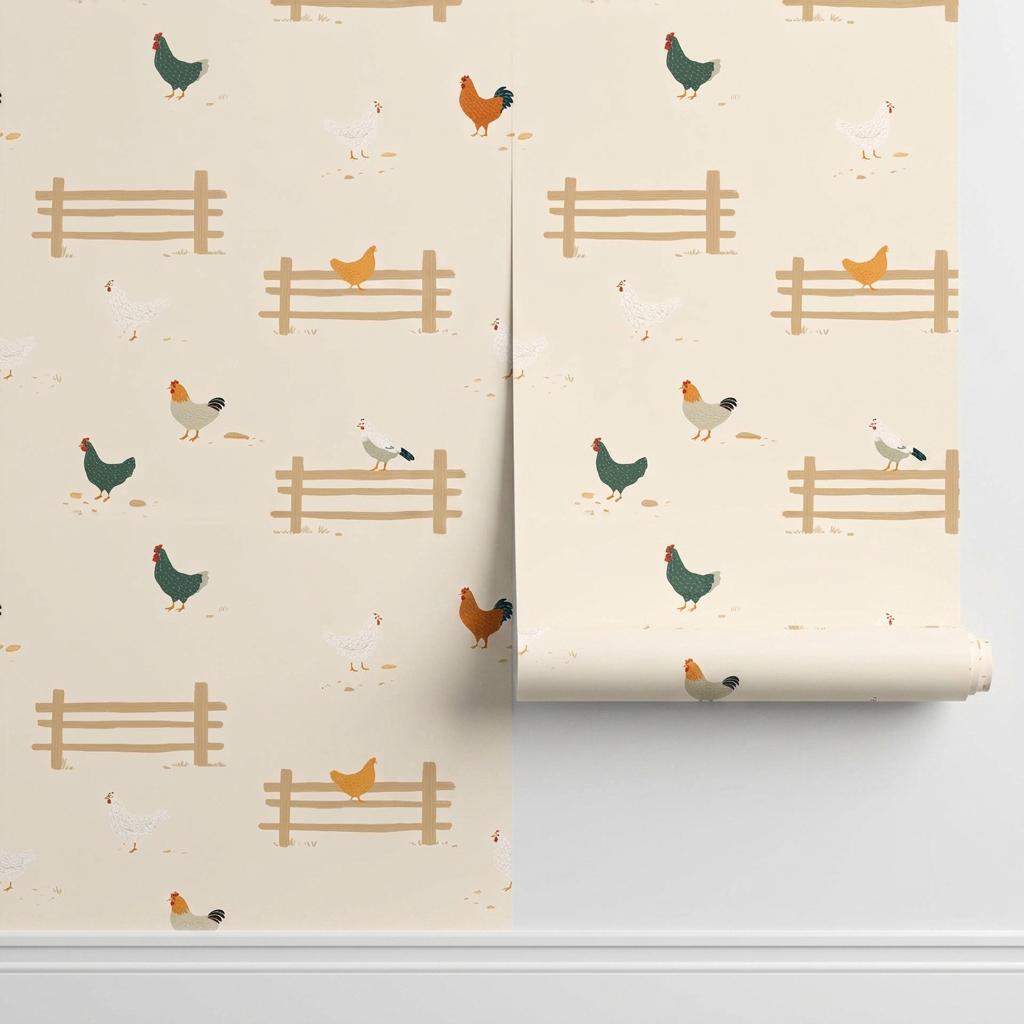 Farmhouse Rooster Wallpaper, Cream Chicken Country Wall Decor, Rustic Farm Kitchen Nursery-WP0220