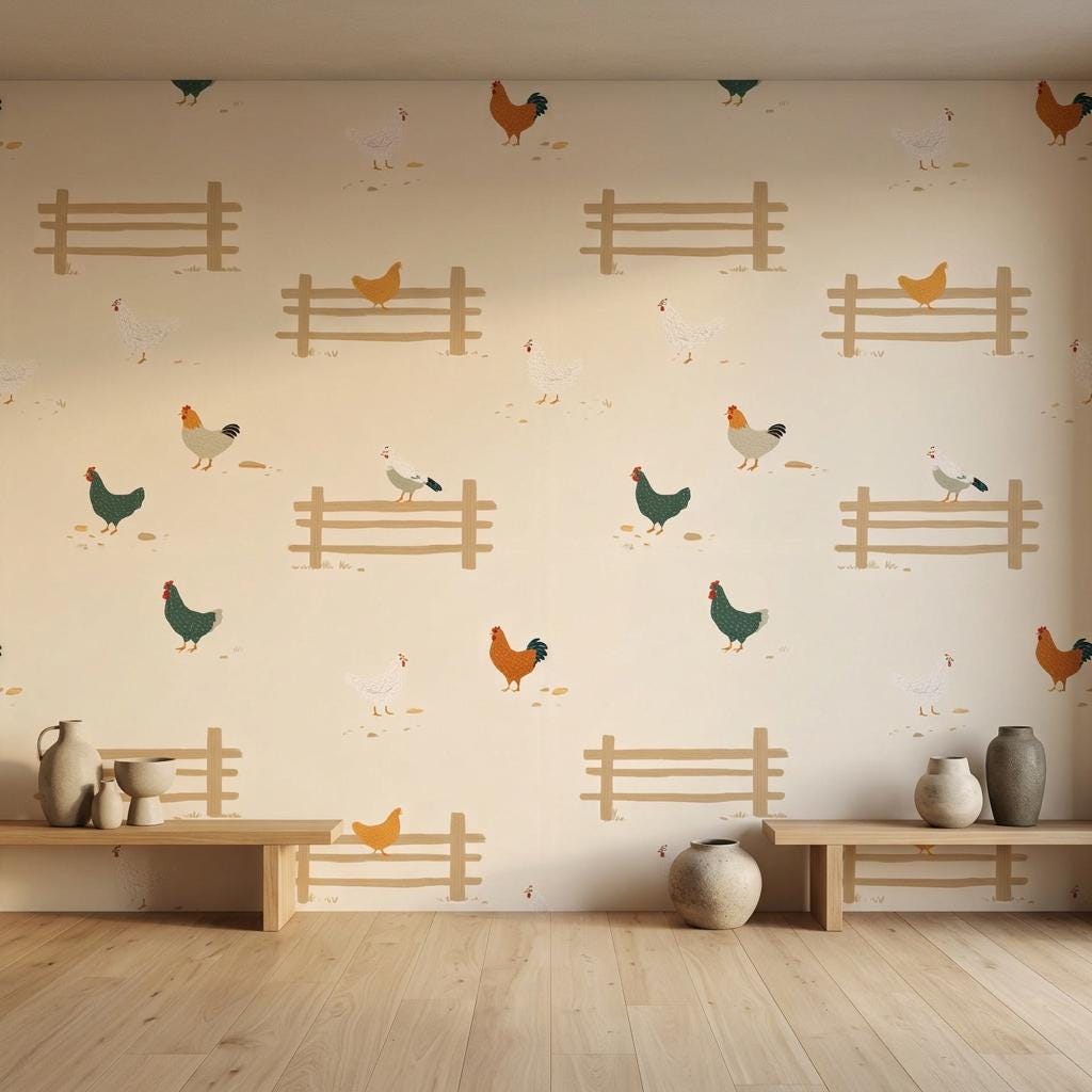 Farmhouse Rooster Wallpaper, Cream Chicken Country Wall Decor, Rustic Farm Kitchen Nursery-WP0220