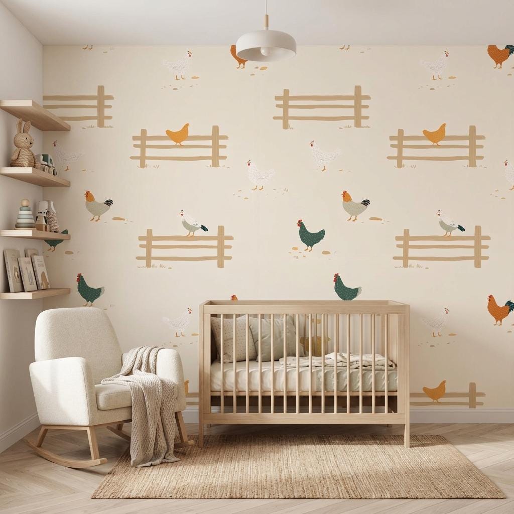 Farmhouse Rooster Wallpaper, Cream Chicken Country Wall Decor, Rustic Farm Kitchen Nursery-WP0220