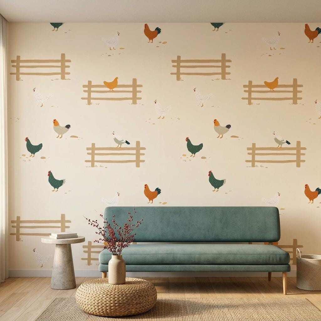 Farmhouse Rooster Wallpaper, Cream Chicken Country Wall Decor, Rustic Farm Kitchen Nursery-WP0220