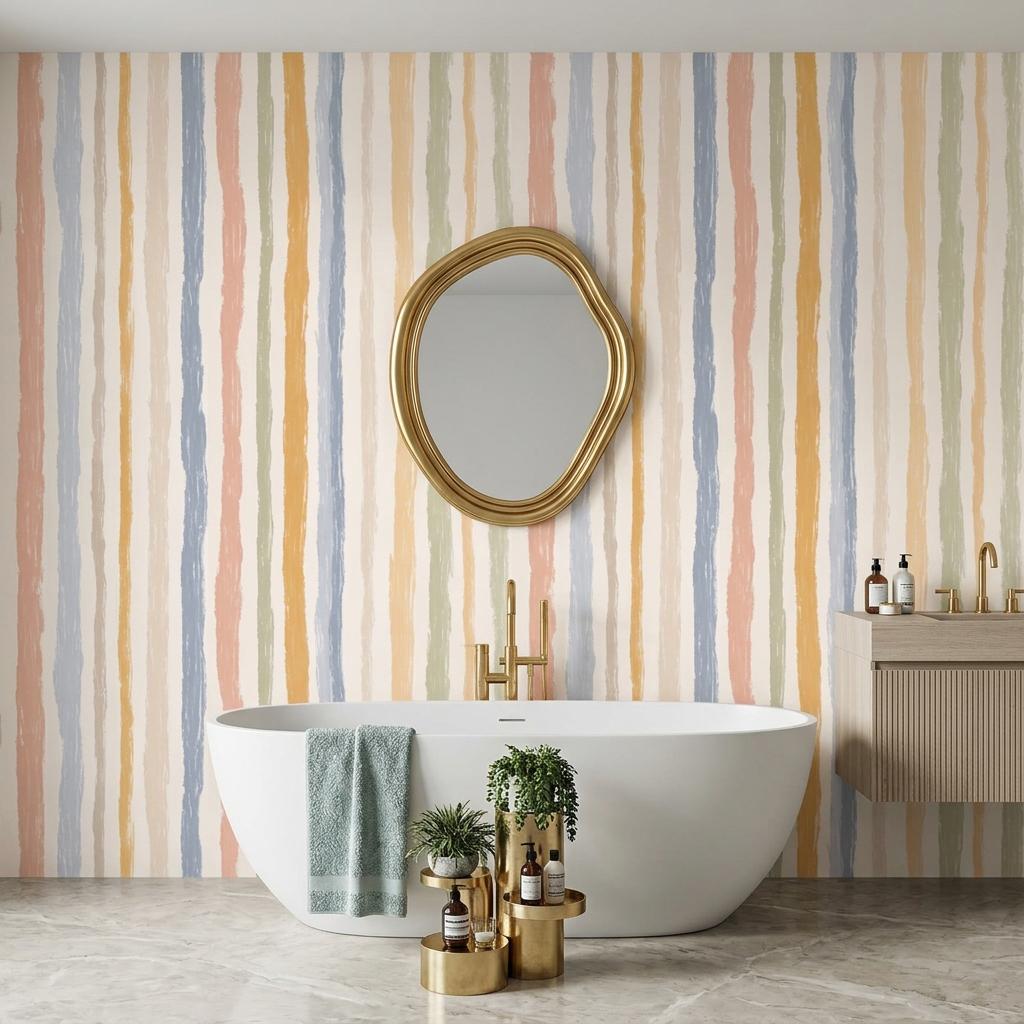 Hand Painted Vertical Stripe Wallpaper, Pastel Boho Nursery Mural