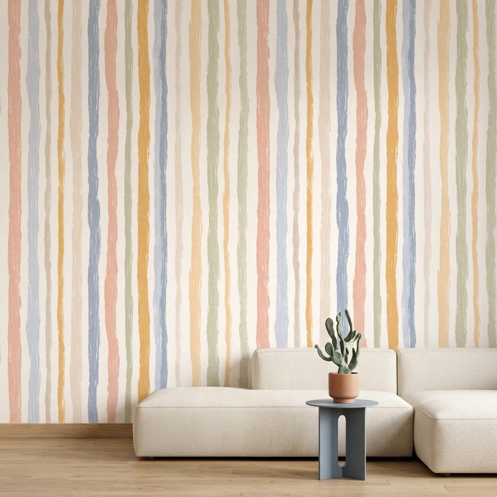 Hand Painted Vertical Stripe Wallpaper, Pastel Boho Nursery Mural