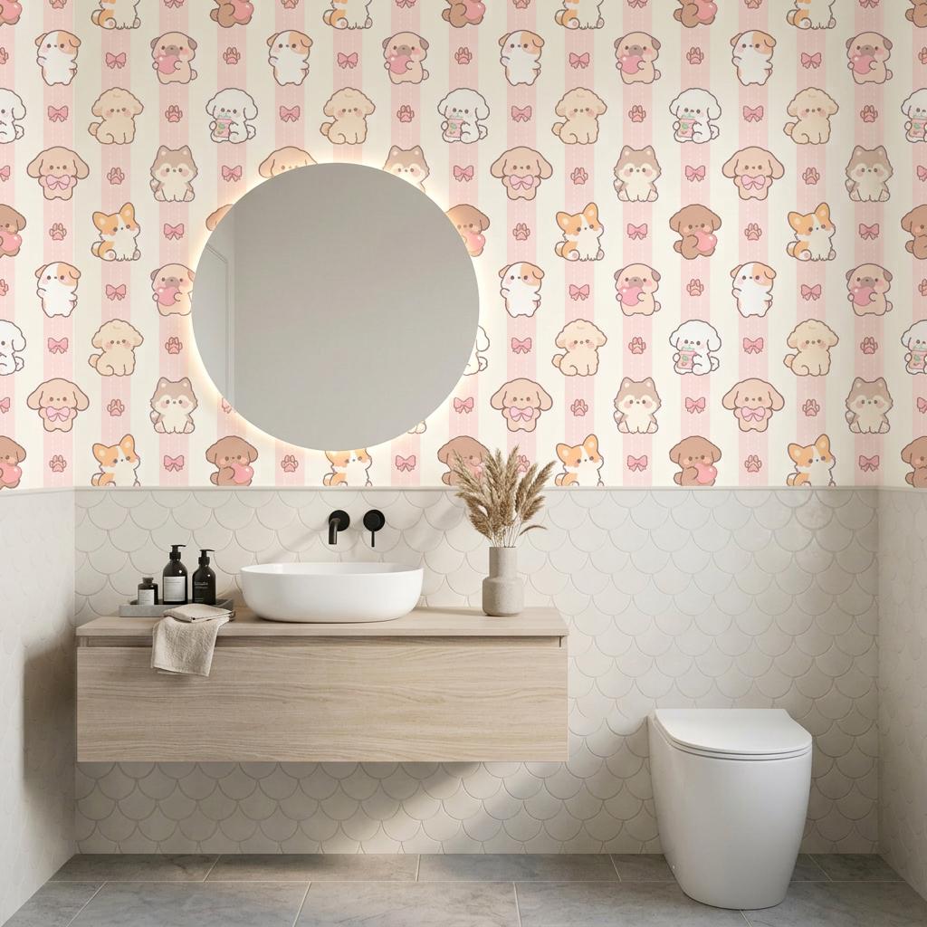 Kawaii Puppy Pink Striped Wallpaper, Chibi Dog Nursery Mural, Pastel Kids Room Decor