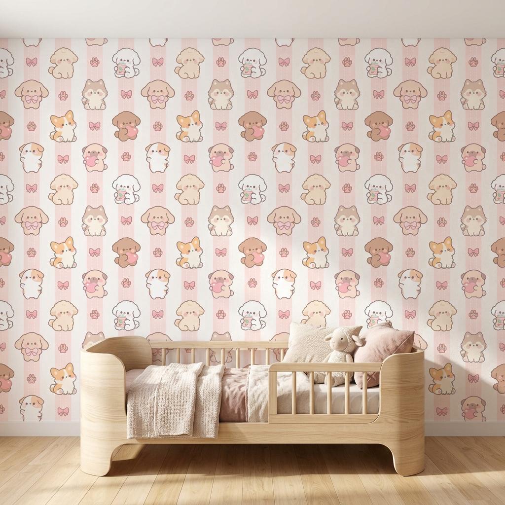 Kawaii Puppy Pink Striped Wallpaper, Chibi Dog Nursery Mural, Pastel Kids Room Decor
