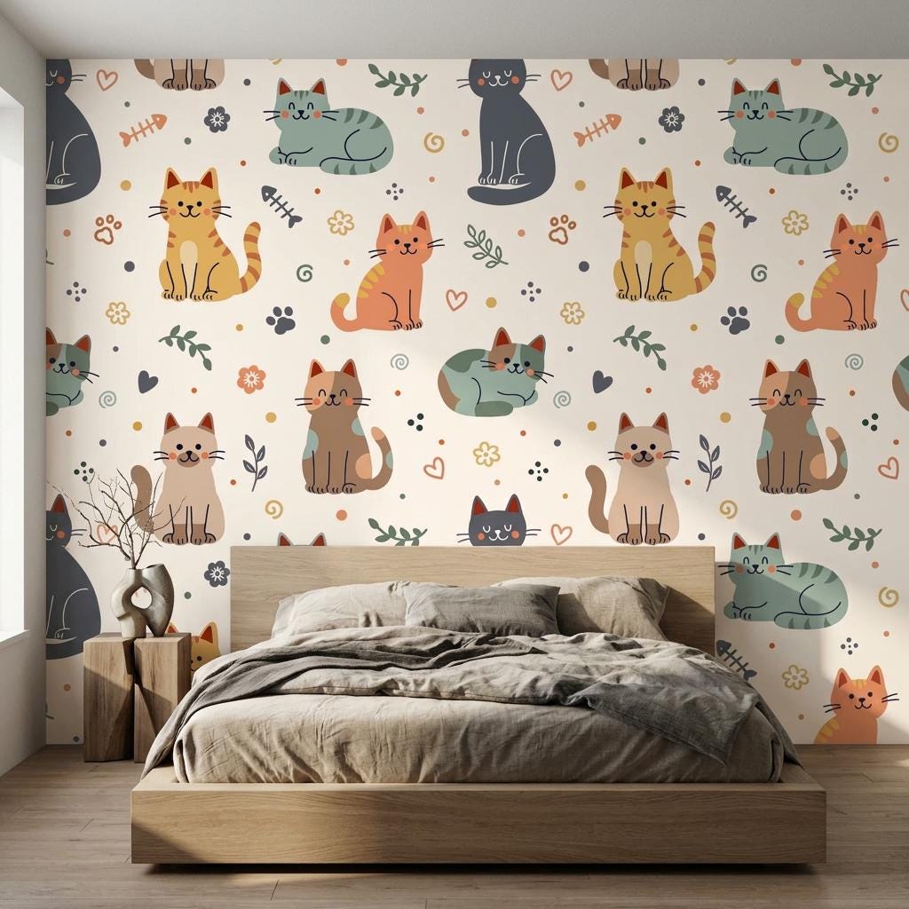 Whimsical Cat Pattern Wallpaper, Hand-Drawn Kittens, Boho Nursery Decor Peel and Stick