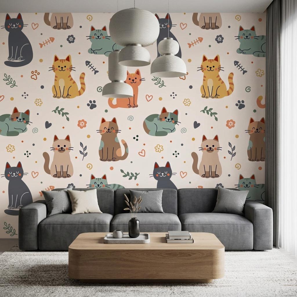 Whimsical Cat Pattern Wallpaper, Hand-Drawn Kittens, Boho Nursery Decor Peel and Stick