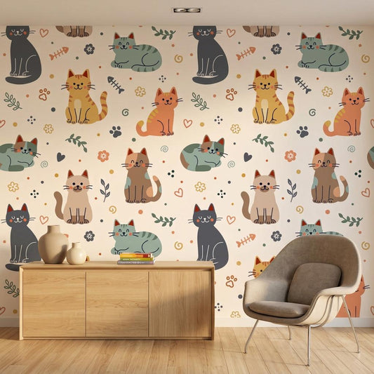 Whimsical Cat Pattern Wallpaper, Hand-Drawn Kittens, Boho Nursery Decor Peel and Stick