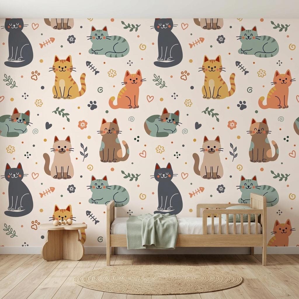Whimsical Cat Pattern Wallpaper, Hand-Drawn Kittens, Boho Nursery Decor Peel and Stick