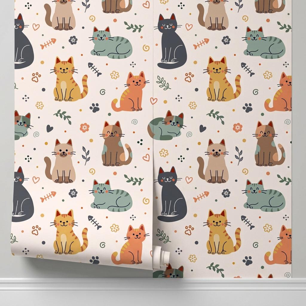Whimsical Cat Pattern Wallpaper, Hand-Drawn Kittens, Boho Nursery Decor Peel and Stick