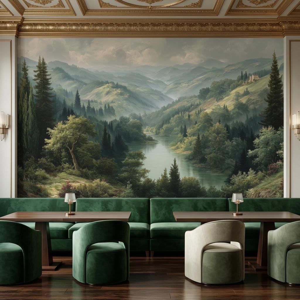 Vintage Mountain Landscape Wall Mural, Misty Forest River Wallpaper, Peel and Stick Nature Scenery-WP0221